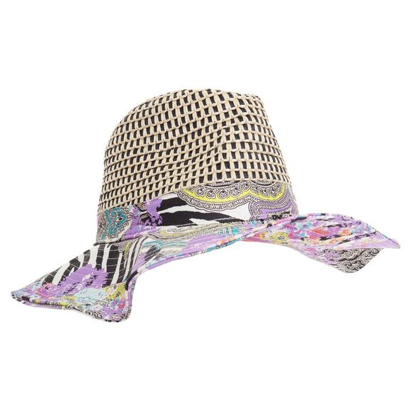 ETRO purple cotton blend paisley print beige raffia jute floppy hat S